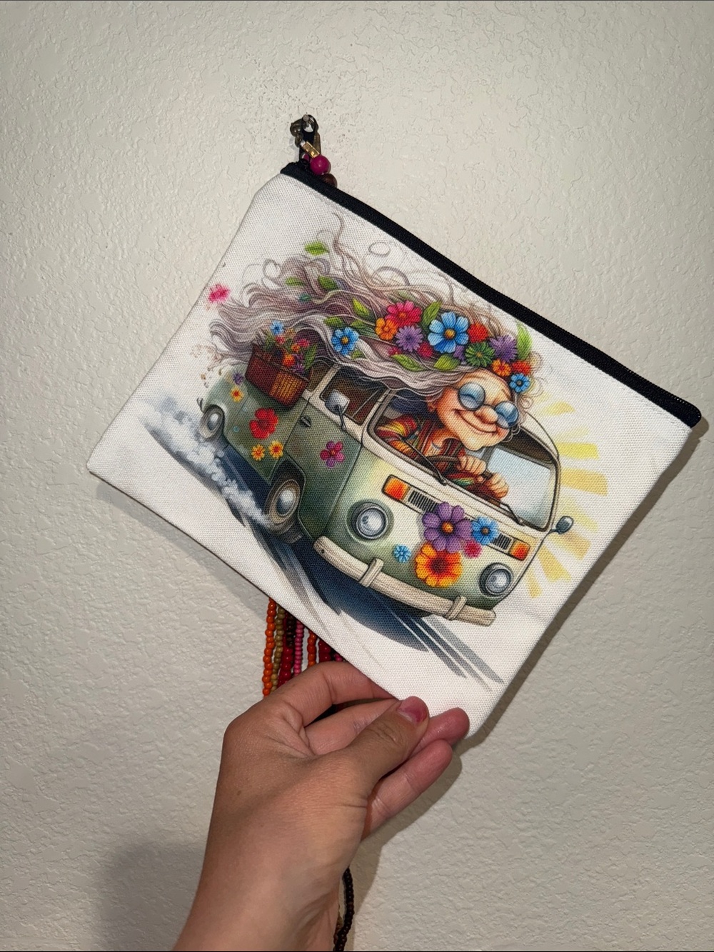 Hippie Woman driving a VW bus canvas bag with a groovy wooden necklace 34” long